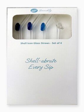 NIB Beachly Shell Icon Glass Straws Set of 4 Blue Coastal Drinkware